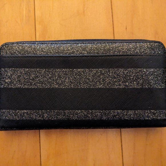 Kate Spade - Black and Silver Glitter Stripe Continental Wallet w/ Gold Hardware - Picture 2 of 4